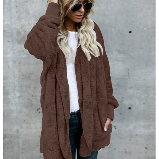 Damen Oversize Teddy‑Fleece‑Mantel mit offener Front, Eingrifftaschen und Rippbündchen Shop Nory