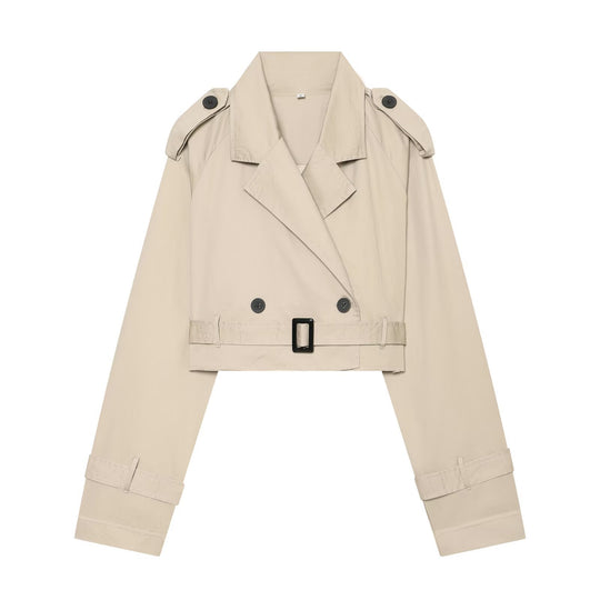 Damen Kurzblouson-Trench mit doppelreihiger Knopfleiste, Schulterpatten und Taillengürtel Shop Nory
