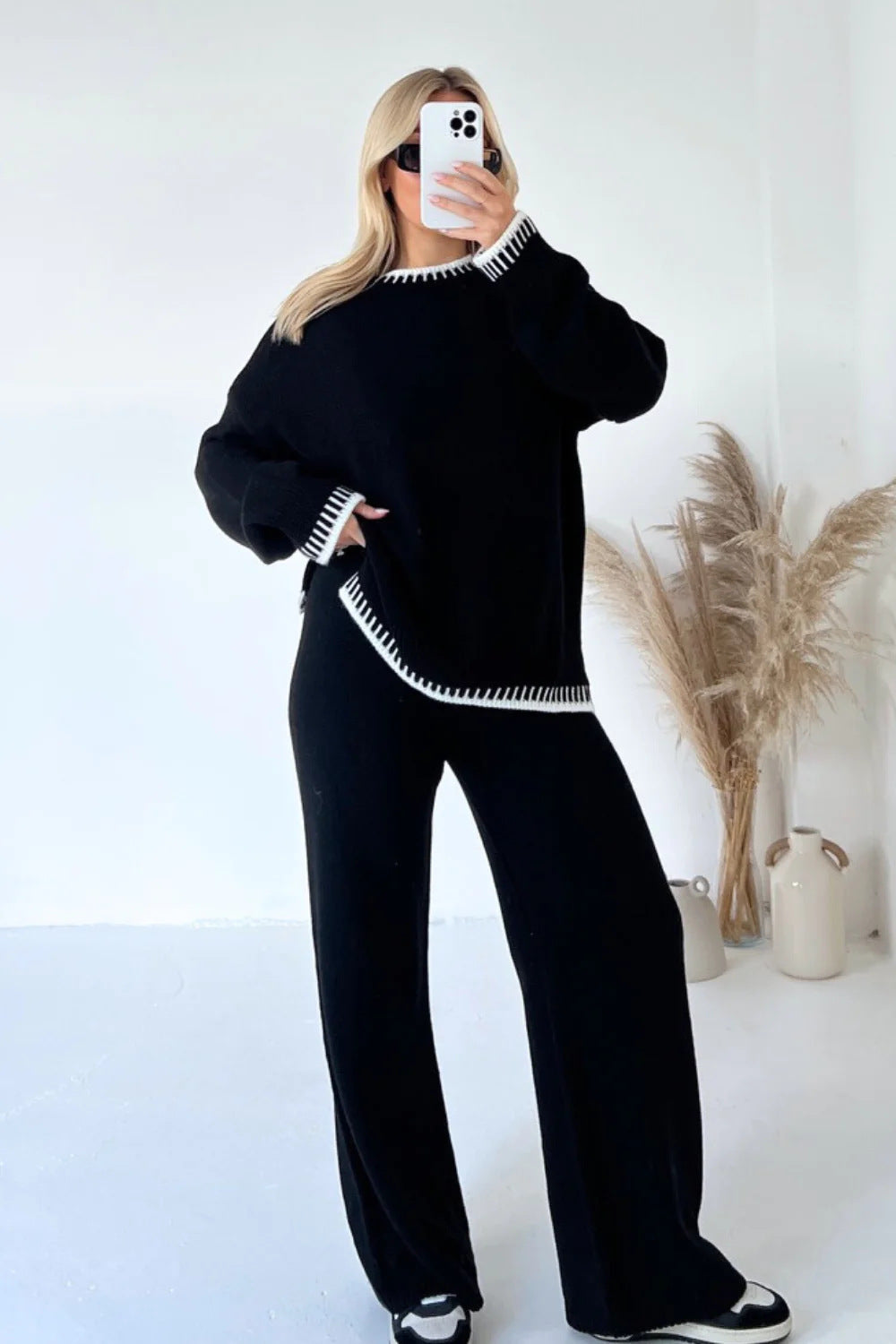 Damen nan lässiger Strick-Hausanzug mit Oversize-Pullover und weiter Strickhose Shop Nory
