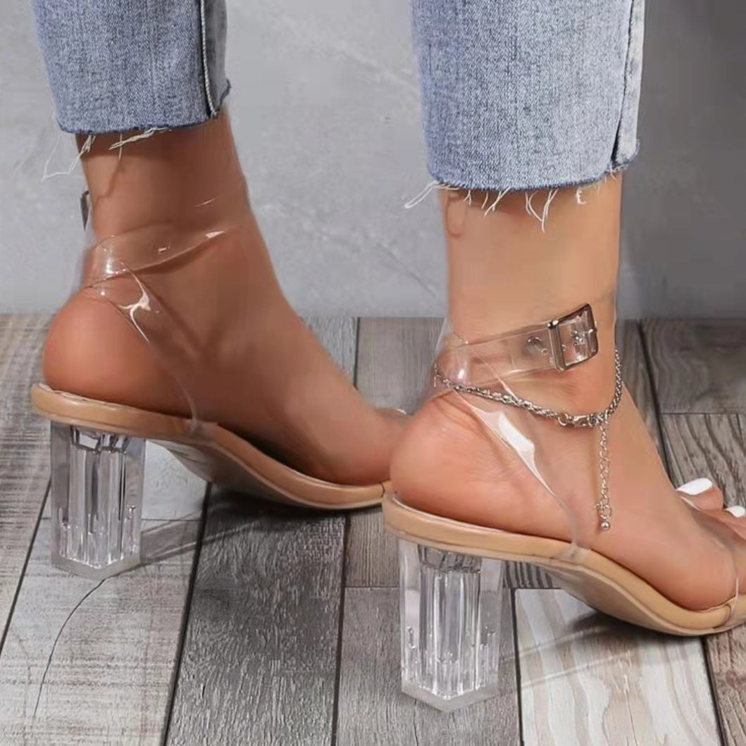 Damen elegante Sandaletten mit transparentem Riemen und glasklarem Absatz