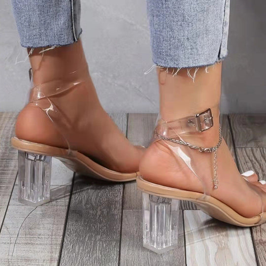 Damen elegante Sandaletten mit transparentem Riemen und glasklarem Absatz
