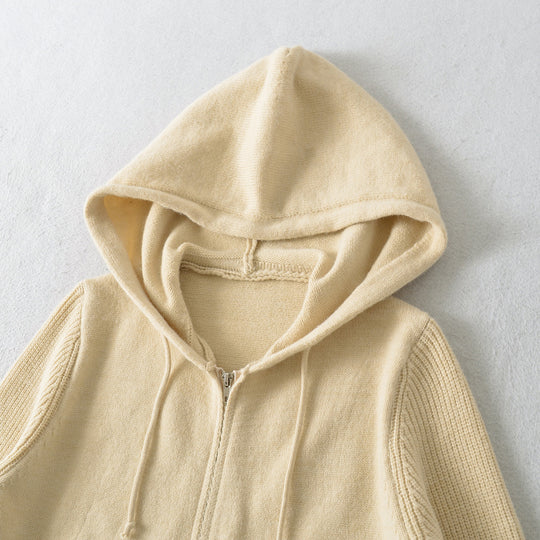 Damen Kurze Kapuzen-Strickjacke mit Reißverschluss und tailliertem Rippenbund Shop Nory