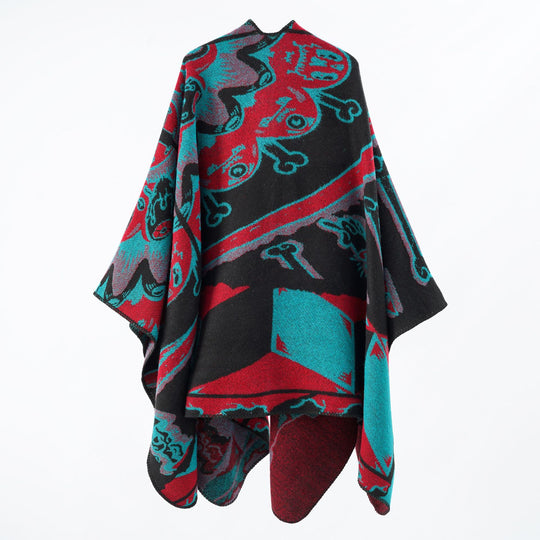 Damen Jacquard-Überwurfponcho mit musikalischem Ornament und Rollkante Shop Nory