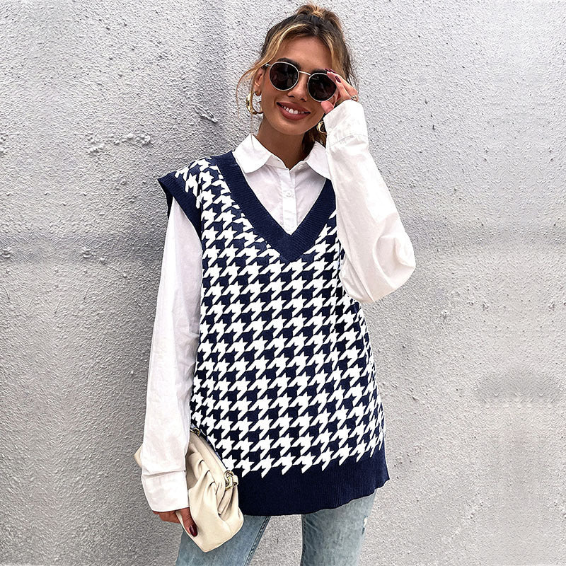 Damen Oversize Strickweste mit Hahnentritt‑Muster und tiefem V‑Ausschnitt Shop Nory