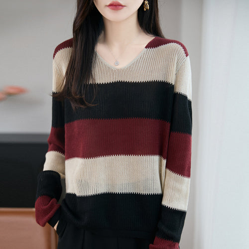 Damen Leichter V-Ausschnitt Feinstrickpullover mit breiten Blockstreifen und entspannter Passform Shop Nory