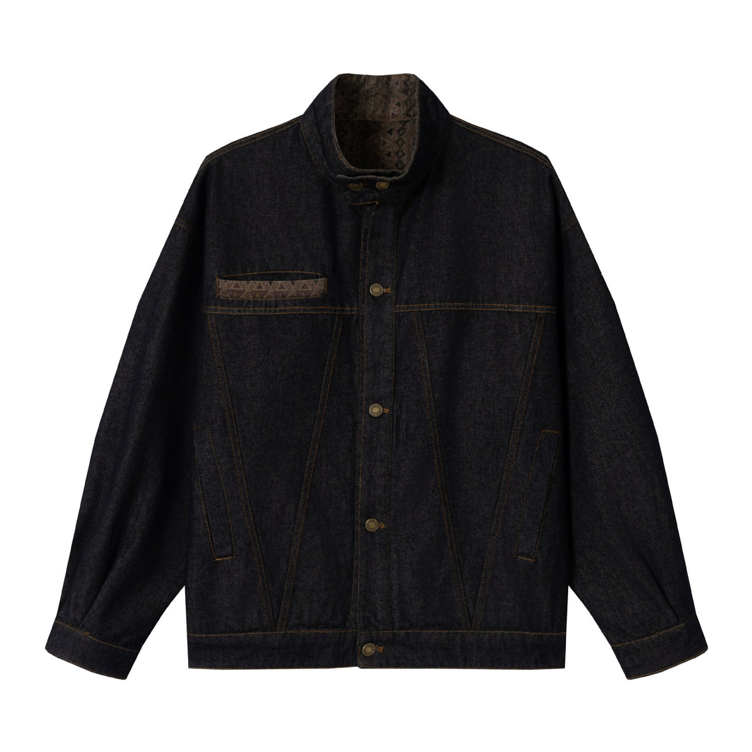 Unisex Oversized Denim-Blousonjacke mit Funnelkragen und dekorativer Brustblende Shop Nory