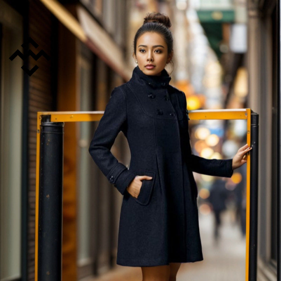 Damen nan taillierter Wollmantel mit Stehkragen und doppelreihiger Knopfleiste Shop Nory