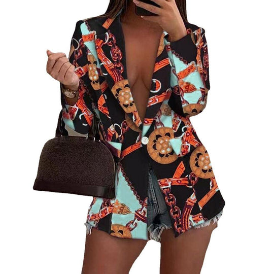 Damen Gemusterter Longline-Blazer mit Ein-Knopf-Verschluss und Seidentuch-Print Shop Nory