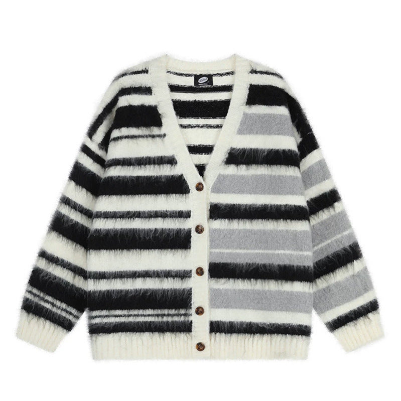 Damen Oversize-Strickjacke mit V‑Ausschnitt, kuscheliger Mohair‑Optik und gestreiftem Muster Shop Nory