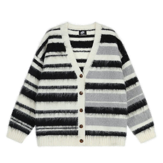 Damen Oversize-Strickjacke mit V‑Ausschnitt, kuscheliger Mohair‑Optik und gestreiftem Muster Shop Nory