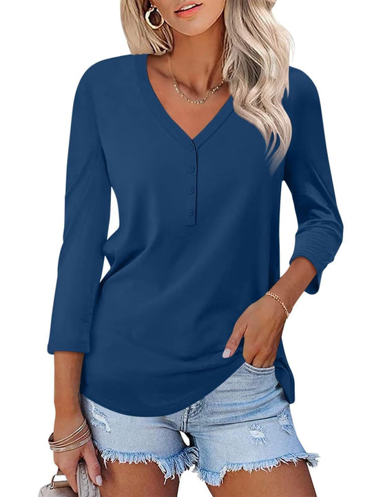 Damen Langarm T-Shirt mit Knopfleiste und V-Ausschnitt