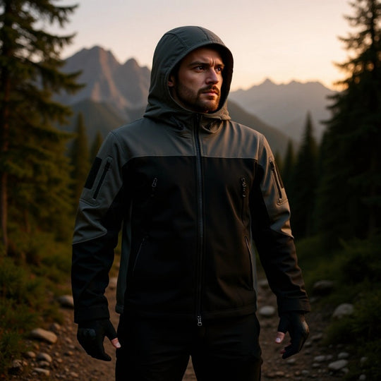 Herren Softshell-Outdoorjacke mit taktischer Ärmeltasche, verstellbarer Kapuze und wasserabweisender Membran Shop Nory