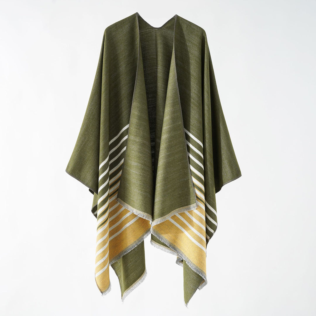 Damen Oversize-Umhangponcho im kastigen Fall mit diagonalem Streifenpanel und feinfransigem Saum Shop Nory