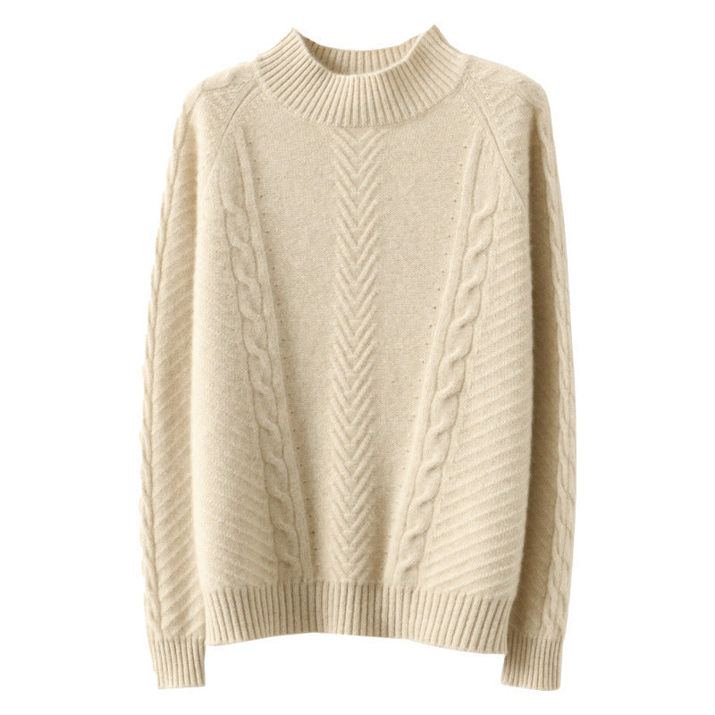 Damen Leichter Mohair‑Look Stehkragenpullover mit Zopf‑Ajour und taillierter Silhouette Shop Nory