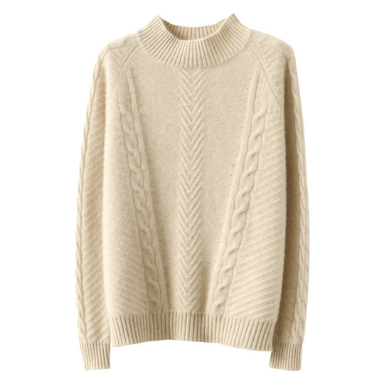 Damen Leichter Mohair‑Look Stehkragenpullover mit Zopf‑Ajour und taillierter Silhouette Shop Nory