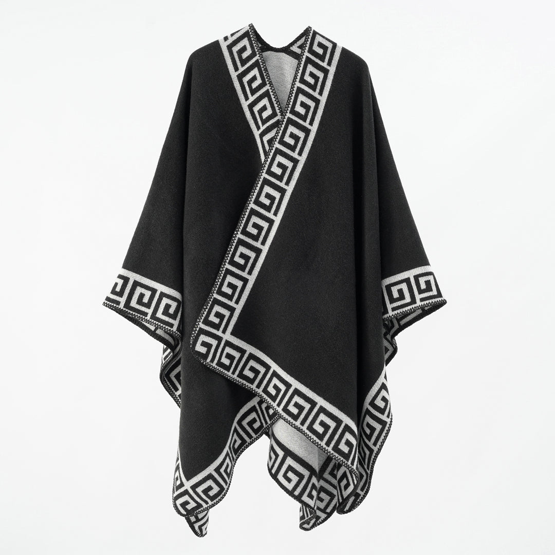 Damen Wollmix-Cape mit griechisch inspiriertem Bordürmuster und offenem Kimonofall Shop Nory