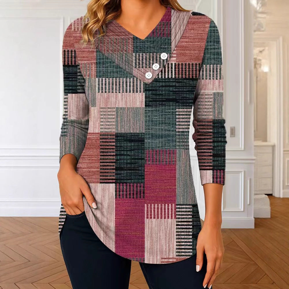 Damen Langarm-Tunika mit asymmetrischem V-Ausschnitt, Zierknopfleiste und kariertem Patchworkmuster Shop Nory