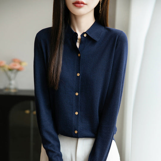 Damen weiche Wollbluse mit Knopfleiste