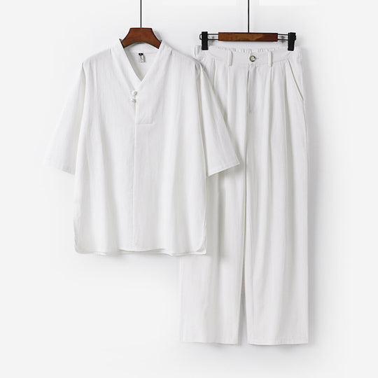 Herren Zweiteiliges Leichtes Kimono-Loungewear-Set mit Stehkragen Knotenverschluss Kurzarm und weiter Bundhose Shop Nory