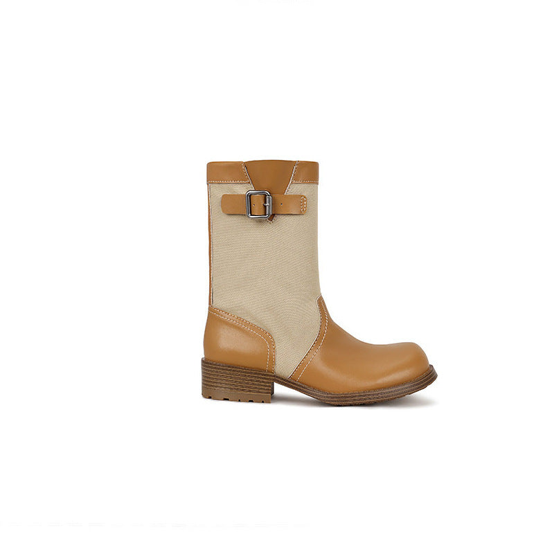 Damen Leder-Leinen Mid-Calf Stiefel mit Schnallenriemen Shop Nory