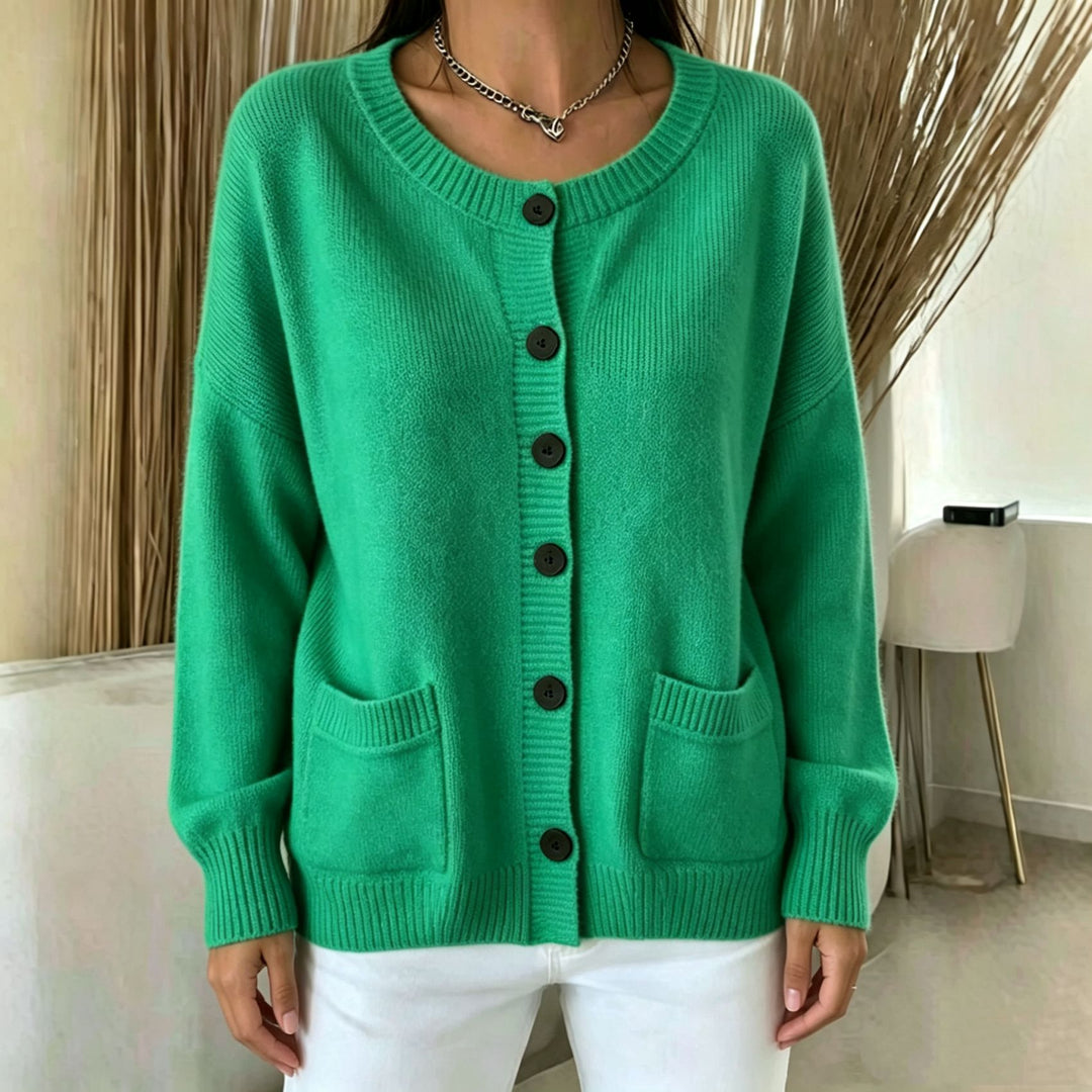 Damen Knopf-Cardigan mit Rundhals, aufgesetzten Taschen und Raglanärmeln Shop Nory