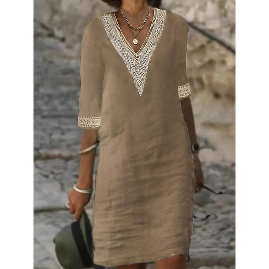 Damen Leichtes Leinen-Midikleid mit V-Ausschnitt und Häkelspitzenbesatz Shop Nory
