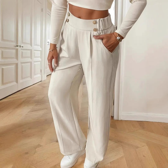 Damen Hochtaillierte weite Marlene-Hose mit Zierknopf-Bund und Bügelfalte Shop Nory