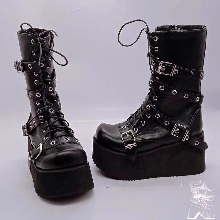 Damen nan hochschaftige Gothic Plateau-Boots mit mehrfachen Metallschnallen, Ösen und seitlichem Reißverschluss Shop Nory