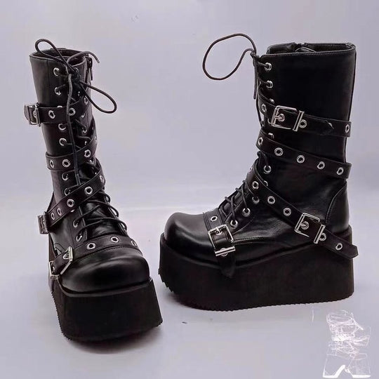 Damen nan hochschaftige Gothic Plateau-Boots mit mehrfachen Metallschnallen, Ösen und seitlichem Reißverschluss Shop Nory