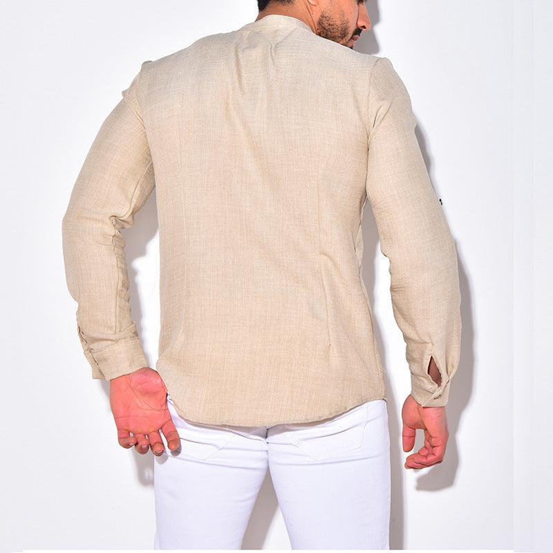 Herren Leichtes Leinenhemd mit Stehkragen, Knopfleiste und Ärmelaufrollfunktion Shop Nory
