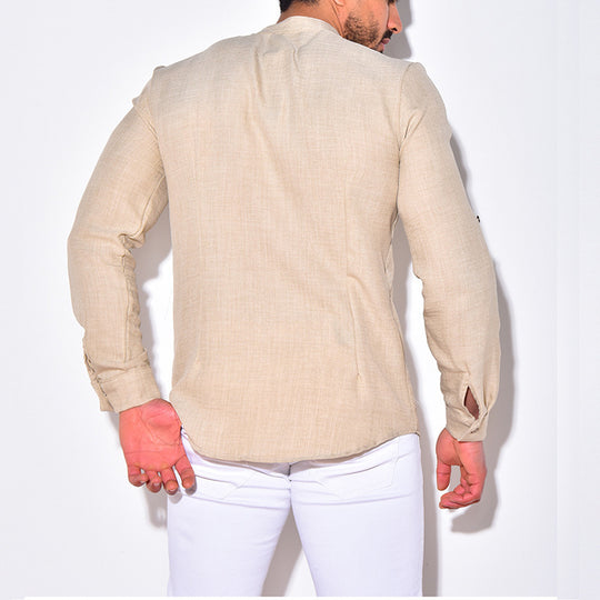 Herren Leichtes Leinenhemd mit Stehkragen, Knopfleiste und Ärmelaufrollfunktion Shop Nory