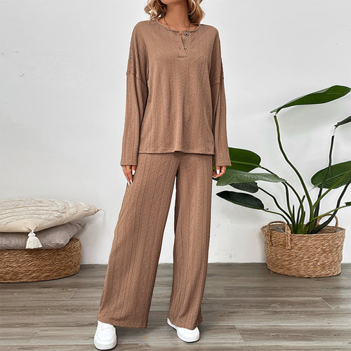 Damen Zweiteiliges Strick-Loungewear-Set mit Wide‑Leg-Hose und Henley-Oberteil Shop Nory