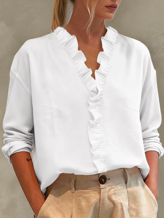 Damen Elegante V-Ausschnitt Bluse mit Volantbesatz und lockerem Oversize-Schnitt Shop Nory