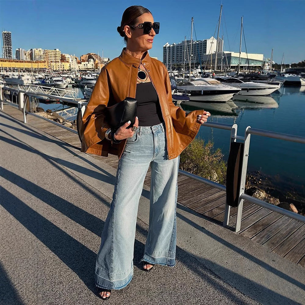 Damen Cape-Ärmige Lederjacke mit Stehkragen Shop Nory