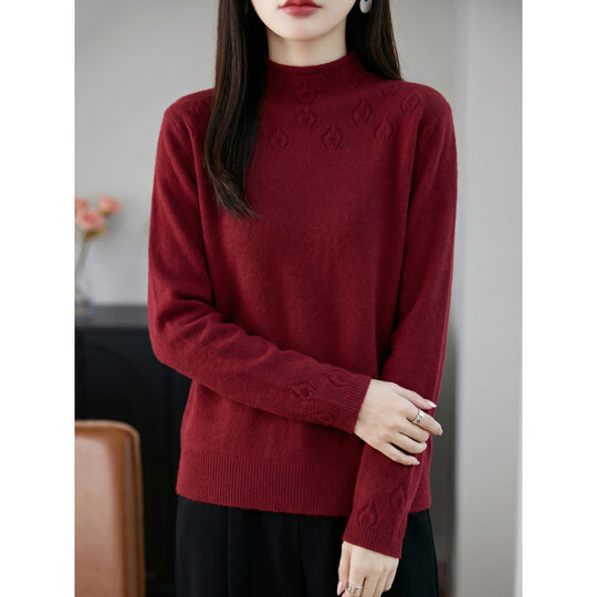 Damen Leichter Stehkragenpullover mit floralem Ajour‑Yoke und feiner Rippkante Shop Nory