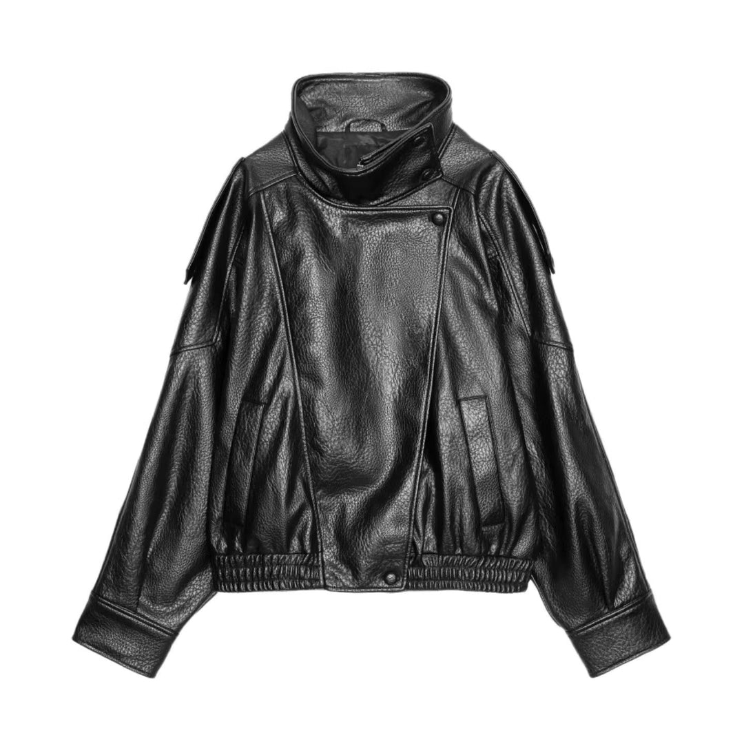 Damen Lederjacke mit hohem Stehkragen und asymmetrischer Druckknopfleiste Shop Nory