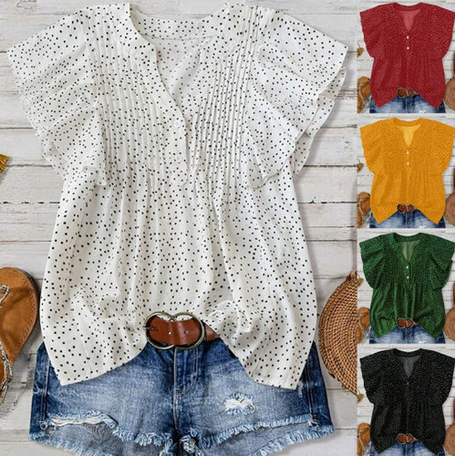 Damen Geknöpfte V-Ausschnitt Bluse mit Kellerfalten und Flügelärmeln Shop Nory