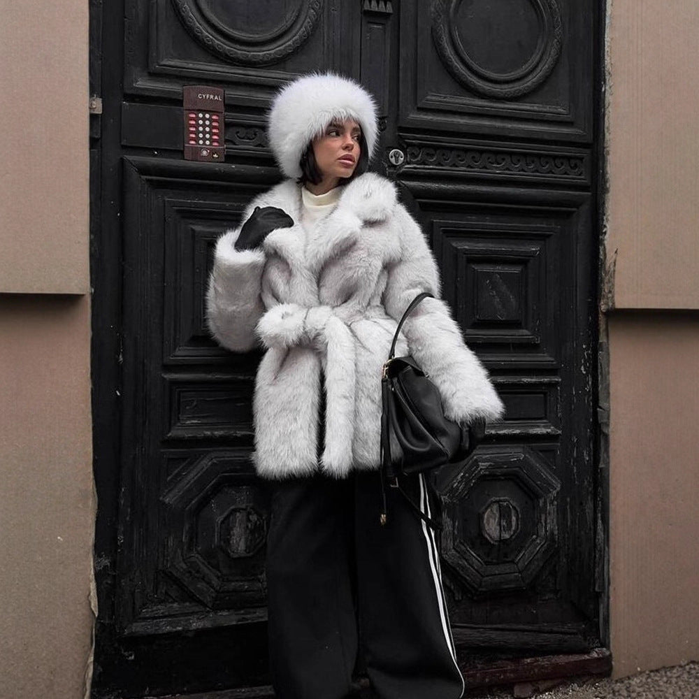 Damen Voluminöser Kurzmantel aus Kunstfell mit Taillengürtel und Oversize-Schalkragen Shop Nory
