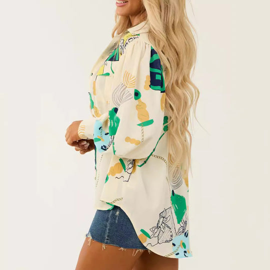 Damen Oversized-Hemdbluse mit grafischem Allover-Print, Brusttaschen und Ballonärmeln Shop Nory