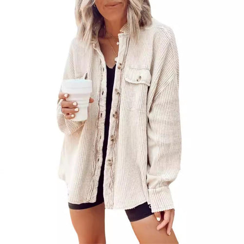 Damen Lässige Waffle-Strickjacke mit praktischen Taschen und Knopfdetails