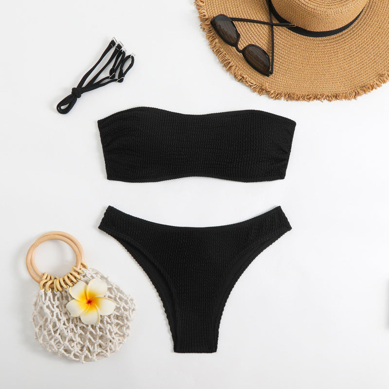 Damen Bandeau-Bikini mit hohem Beinausschnitt und strukturierter Textur