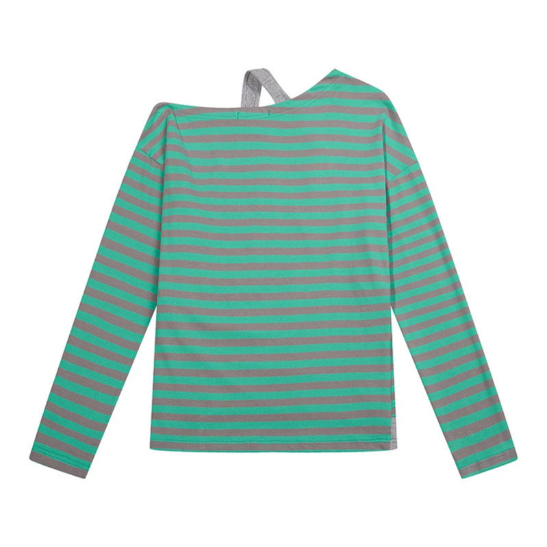 Damen Gestreiftes Langarmshirt mit asymmetrischem Ausschnitt, Lagenoptik und Metallic-Print Shop Nory