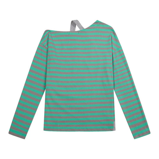 Damen Gestreiftes Langarmshirt mit asymmetrischem Ausschnitt, Lagenoptik und Metallic-Print Shop Nory