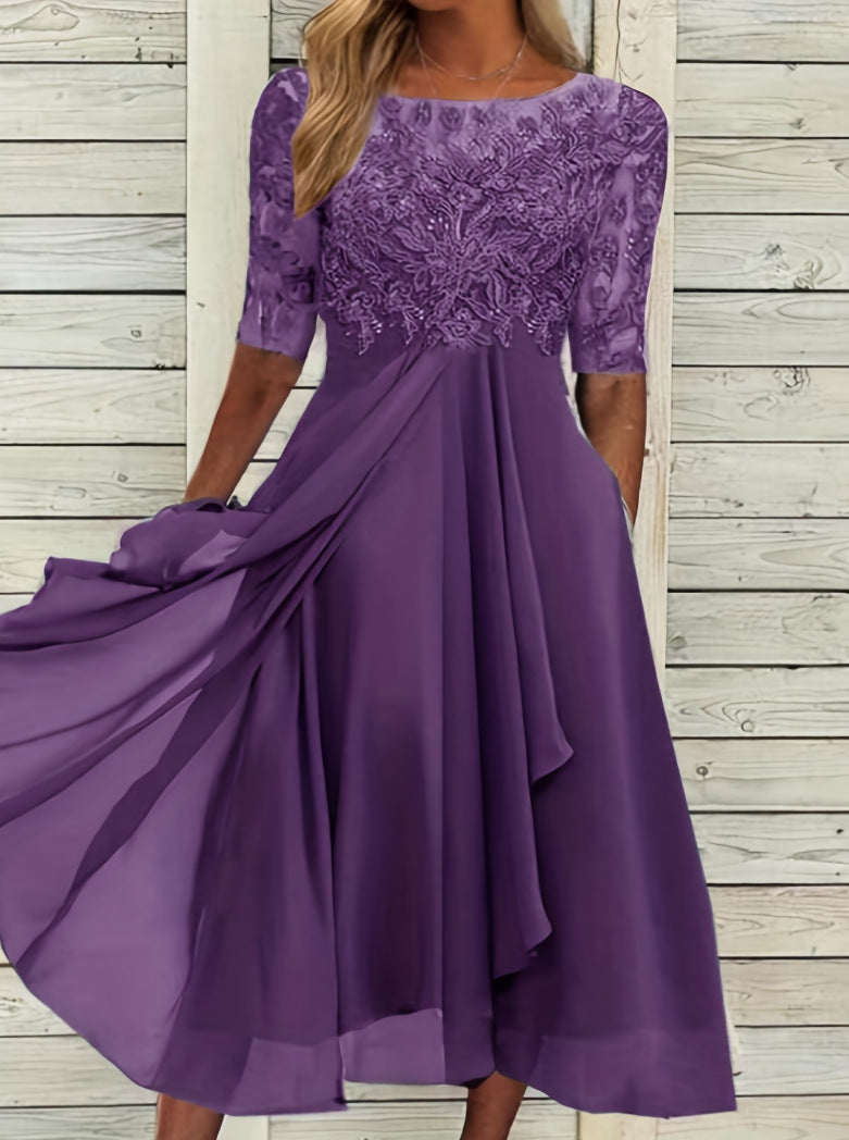 Damen nan elegantes Cocktailkleid mit bestickter Korsage, U-Boot-Ausschnitt und fließendem Chiffonrock