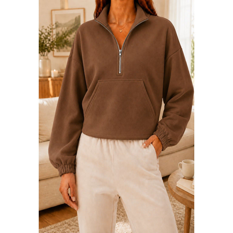 Damen Kurz geschnittener Sweatshirt-Pullover mit halbem Reißverschluss und Kängurutasche Shop Nory