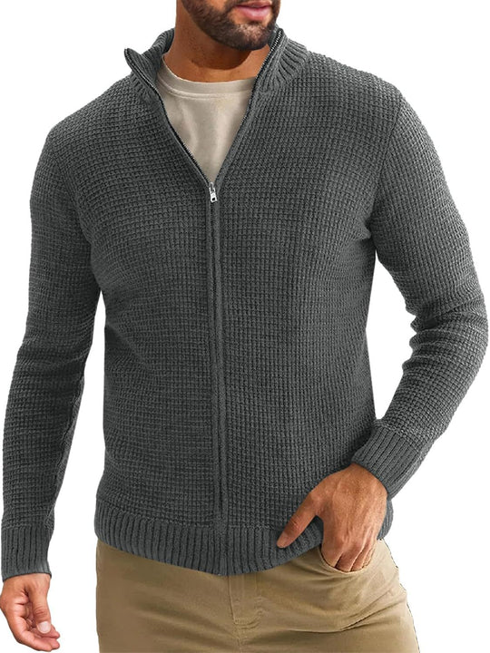 Herren Reißverschluss-Strickjacke mit Waffelstruktur und Stehkragen Shop Nory