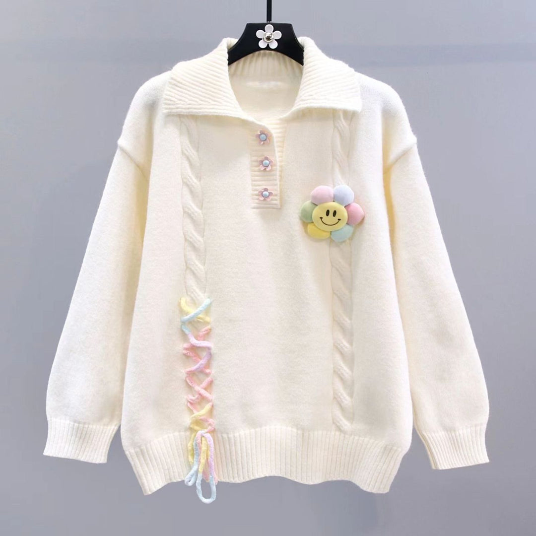 Damen Modischer Pullover mit Blumenapplikationen und Kabelmuster Shop Nory