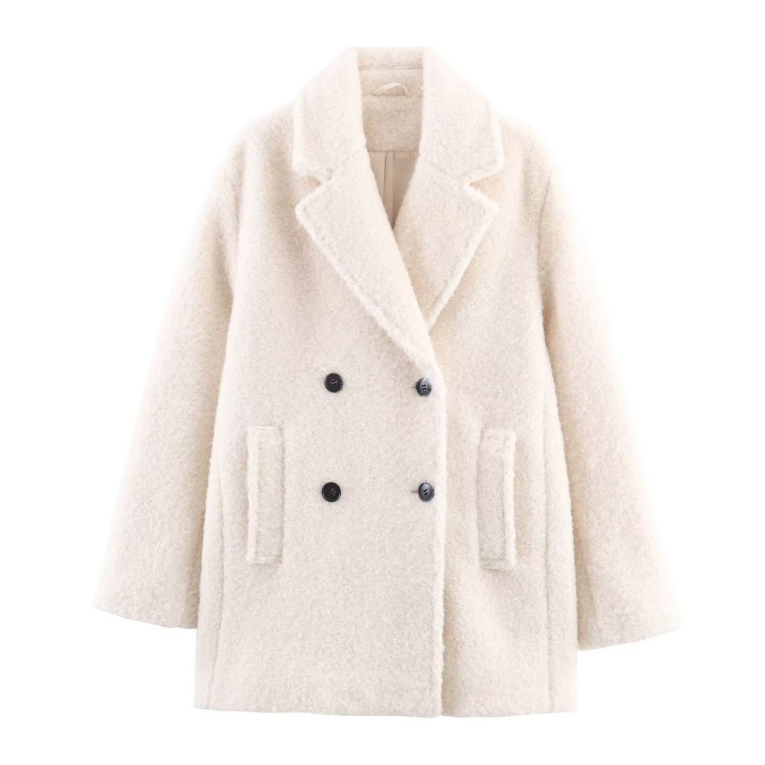 Damen Doppelreihiger Teddy-Mantel mit Schalkragen und aufgesetzten Taschen Shop Nory