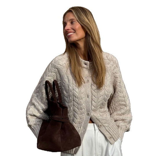 Damen Grobgestrickte Zopfmuster-Strickjacke mit Ballonärmeln Shop Nory