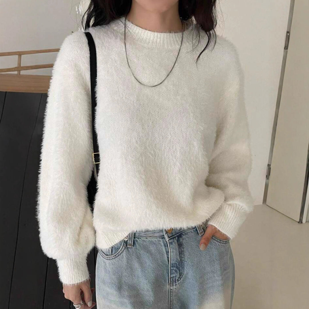 Damen Kurzgeschnitteter Flauschpullover mit Ballonärmeln und Rundhalsausschnitt Shop Nory